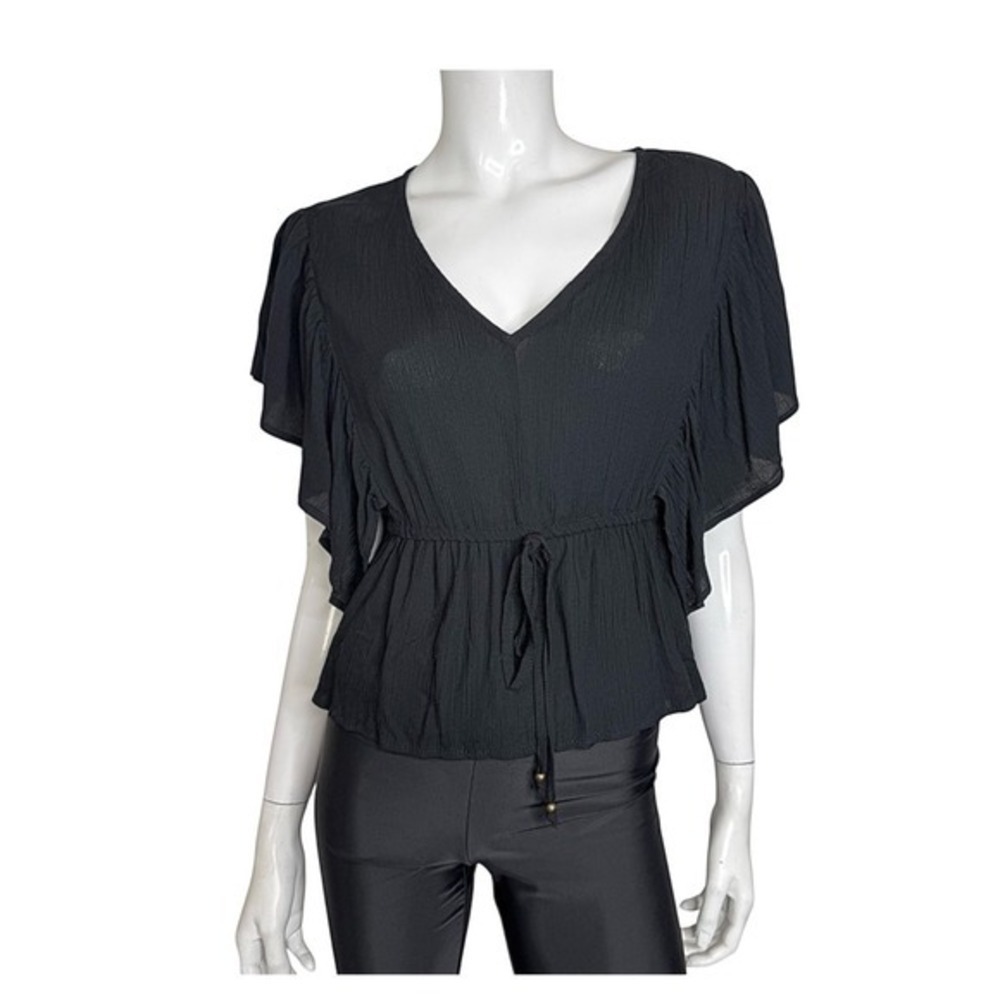 Angie Womens Black Crinkle Rayon Gauze Butterfly Sleeve Drawstring Boho‎ Top M